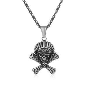 Collana con Pendente a Teschio in Acciaio Inossidabile Retro Punk Con Copricapo di Piume Indiano Ossa Incrociate Halloween Uomo