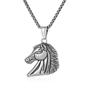 Collier Pendentif Tête de Cheval en Acier Inoxydable Vintage Punk Hip Hop Bijoux Animaux Pour Hommes Argent Poli
