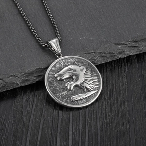 Retro lion head pendant necklace for men with vintage finish and steel box chain
