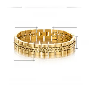 Detailed specs of the 12mm wide gold-plated stainless steel woven bracelet for men