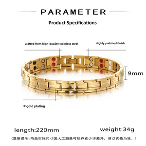 Detailed view of 9mm gold stainless steel magnetic health bracelet with polished finish