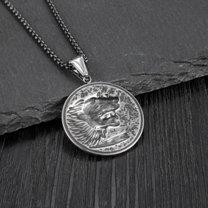 Vintage silver lion head embossed medallion necklace with grey beaded chain for men