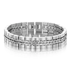 Detailed macro view of silver braided stainless steel bracelet with polished watchband links