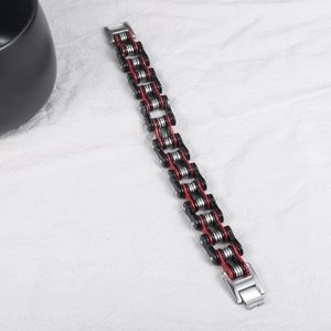 Men's heavy industrial style motorcycle link bracelet with black and red steel segments