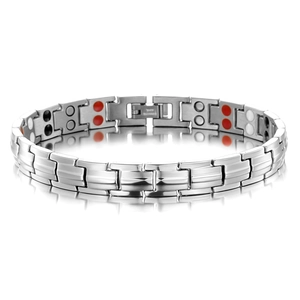 Detail view of double row therapeutic magnets inside polished stainless steel bracelet