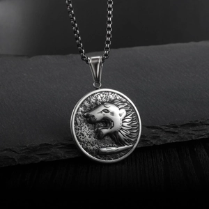 Retro silver lion head pendant necklace with round relief carving for men in hip hop style