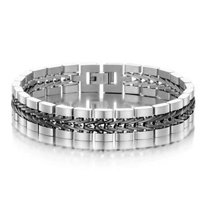 Men's retro braided stainless steel bracelet with black woven link and folding clasp
