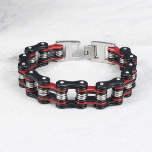 Men's heavy biker chain bracelet in black, red, and silver stainless steel design