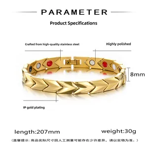 Détails du bracelet magnétique à maillons fléchés en acier doré avec largeur de 8mm et dimensions