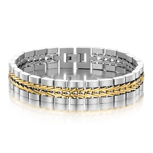 Macro shot of two-tone braided stainless steel bracelet with fold-over clasp and brushed links