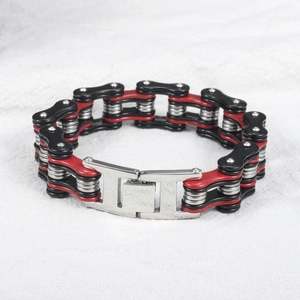 Men's motorcycle chain bracelet featuring red and black bicolored steel links