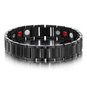 Men's black matte stainless steel magnetic health bracelet with inlaid therapy stones