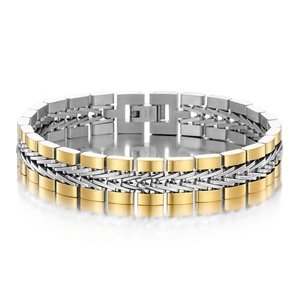 Detail of two-tone braided stainless steel chain bracelet with a gold accent folding clasp