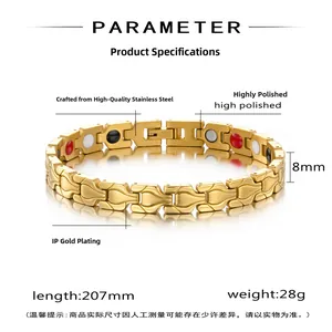 Dettaglio macro del bracciale magnetico in acciaio dorato con pietre funzionali