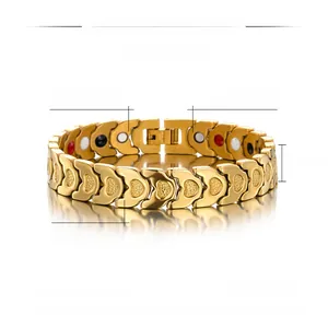 Polished gold magnetic therapy bracelet featuring 12mm width and 209mm length specs