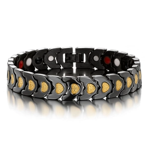 Magnetic therapy heart bracelet with black matte finish and gold textured links