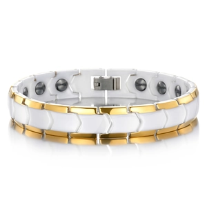 Bracelet Énergie Magnétique en Céramique Blanche et Métal Doré Hématite Géométrique Moderne pour Unisexe Plaqué Or IP