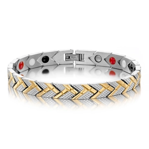Two-tone magnetic stainless steel therapy bracelet with arrow pattern and gold plating