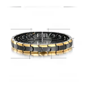 Detail view of 9mm wide black and gold ceramic magnetic bracelet with 195mm length specs