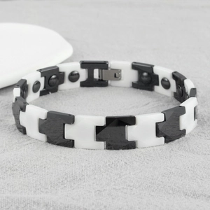 Modern black and white ceramic magnetic health bracelet with polished links and metal clasp