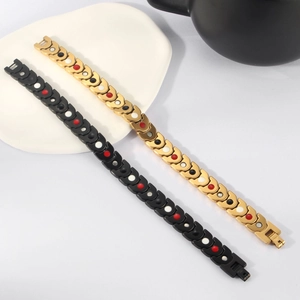 Polished stainless steel magnetic therapy bracelets in gold and black with stone inlays