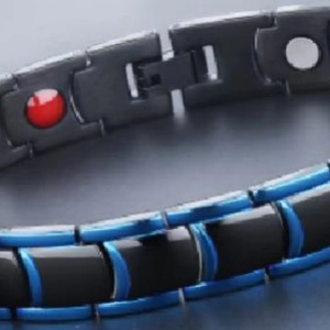 Men's magnetic therapy bracelet in black and blue stainless steel with energy stones
