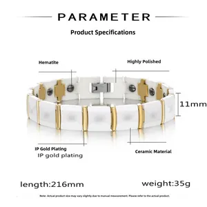 Detailed size chart of white ceramic magnetic bracelet with gold plated accents and dimensions