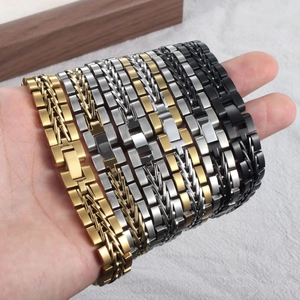 Polished woven stainless steel bracelets in gold, silver, and black metal link textures