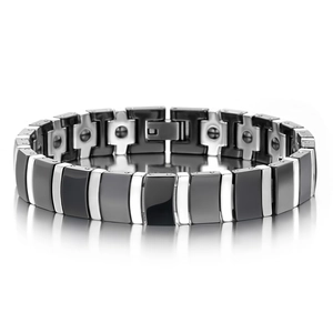 Sleek black ceramic and silver steel magnetic therapy link bracelet for men and women