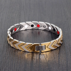 Two-tone gold and silver magnetic therapy bracelet with arrow pattern and matte finish
