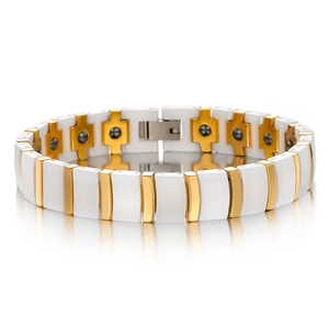 White and gold ceramic magnetic therapy bracelet with rectangular links and polished finish