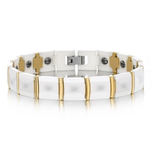 White ceramic and gold metal magnetic link bracelet with rhombus cut finish