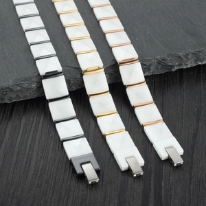 Ceramic link bracelets with diamond-cut facets and assorted metal magnetic clasps