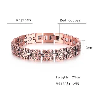 Retro red copper magnetic therapy bracelet for men with cross relief and scroll patterns