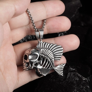 Punk style stainless steel necklace featuring a unique skull fishbone pendant on a box chain