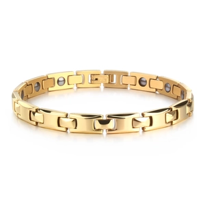 Close-up of gold stainless steel magnetic therapy bracelet with folding clasp and magnets