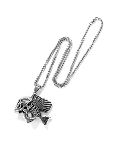 Detailed close-up of a punk skull fish skeleton pendant on a sturdy stainless steel chain