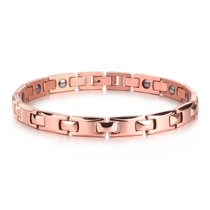 Detail of rose gold stainless steel link bracelet with magnetic stone inserts