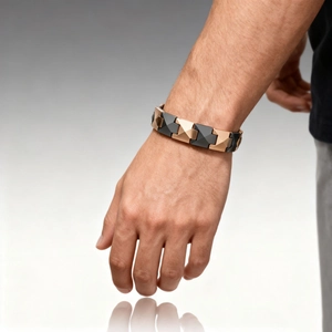 Macro shot of geometric ceramic magnetic bracelet with rose gold and matte black prism links