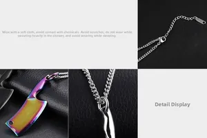 Detailed view of rainbow-toned kitchen knife pendant and adjustable silver chain link