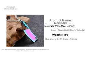 Detail shot of the colorful iridescent cleaver pendant with stainless steel chain