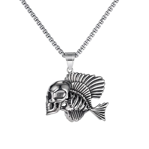 Punk Gothic Stainless Steel Skull Fish Bone Pendant Necklace For Men Hip Hop Vintage Skeleton Jewelry Accessories Gift