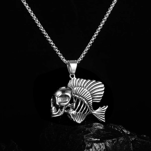 Punk style stainless steel skull fish bone pendant necklace on black stone background