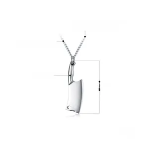 Macro view of stainless steel cleaver pendant necklace with detailed size measurements
