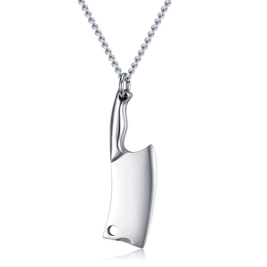 Creative stainless steel cleaver pendant necklace with polished silver finish and rope chain