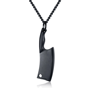 Creative stainless steel cleaver pendant necklace with matte black rope chain for men