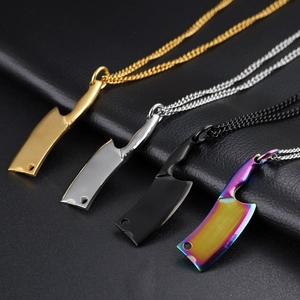 Creative cleaver pendants in gold, silver, black, and rainbow steel on leather base