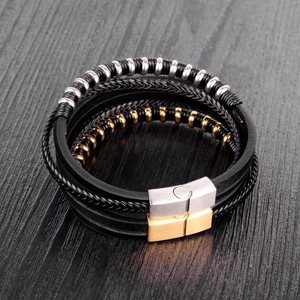 Men's multilayer black braided leather bracelet with silver and gold metal magnetic clasp