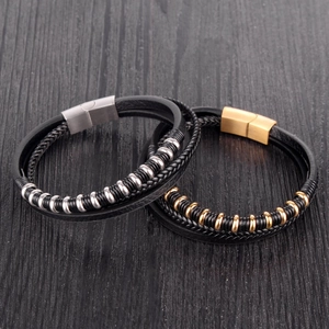 Multi-layer black braided leather bracelets with gold and silver magnetic metal clasps