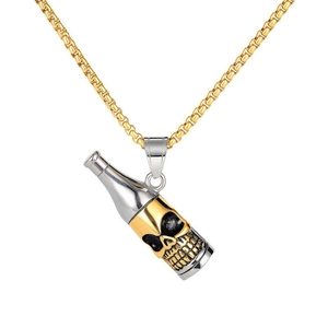 Collier Pendentif Bouteille de Vin Crâne en Acier au Titane pour Hommes Vintage Punk Gothique Décapsuleur Bijoux Colliers
